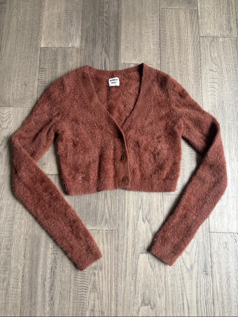 Sunday Best | Aritzia Reese Cropped Rust Fuzzy V-Neck Cardigan Button Sweater XS